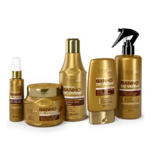 Kit Banho de Verniz com Queratina 300ml, Leave-In 140g, Shampoo 300ml, Máscara 250g e Óleo 60mlForever Liss Frete Grátis