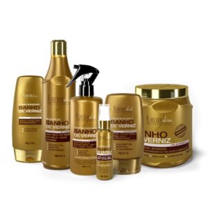 Kit Banho de Verniz Profissional com Condicionador 200g, Shampoo 500ml, Queratina 300ml, Óleo 60ml, Leave-In 140g e Máscara 1kg Forever Liss