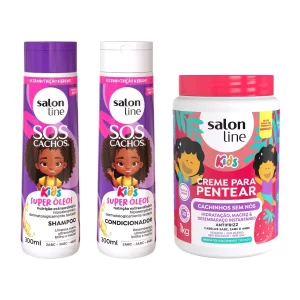 Kit Hidratação e Antinós Kids com Shampoo e Condicionador SOS Cachos + Creme para Pentear 1kg Salon Line