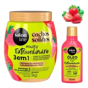 Kit Morango Cachos dos Sonhos com Creme de Tratamento 3 em 1 de 1kg + Óleo Reparador 50ml Salon Line