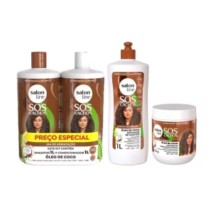 Kit com Ativador de Cachos 1L + Máscara de Hidratação 500g + Shampoo e Condicionador SOS Cachos Coco Salon Line 1L