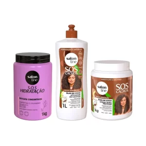 Kit com Creme Para Pentear e Ativador de Cachos SOS Cachos Coco + Máscara SOS Hidratação Bio-Reconstrução Salon Line