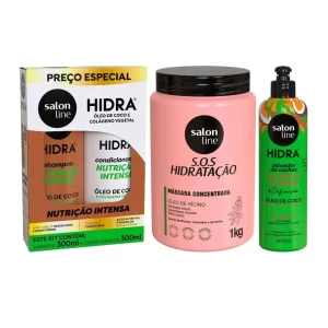 Kit com Shampoo, Condicionador, Ativador de Cachos Hidra Coco 300ml + Máscara SOS Hidratação Turbinada Salon Line 1kg